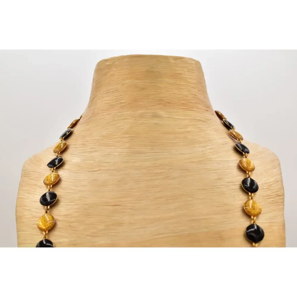 Vintage Black Gold Necklace Enamel Chain Gold Round Dot Circle Linked BinBD